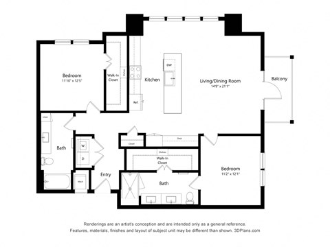 Floor plan for 2 beds, 2 baths, 1354 sqft